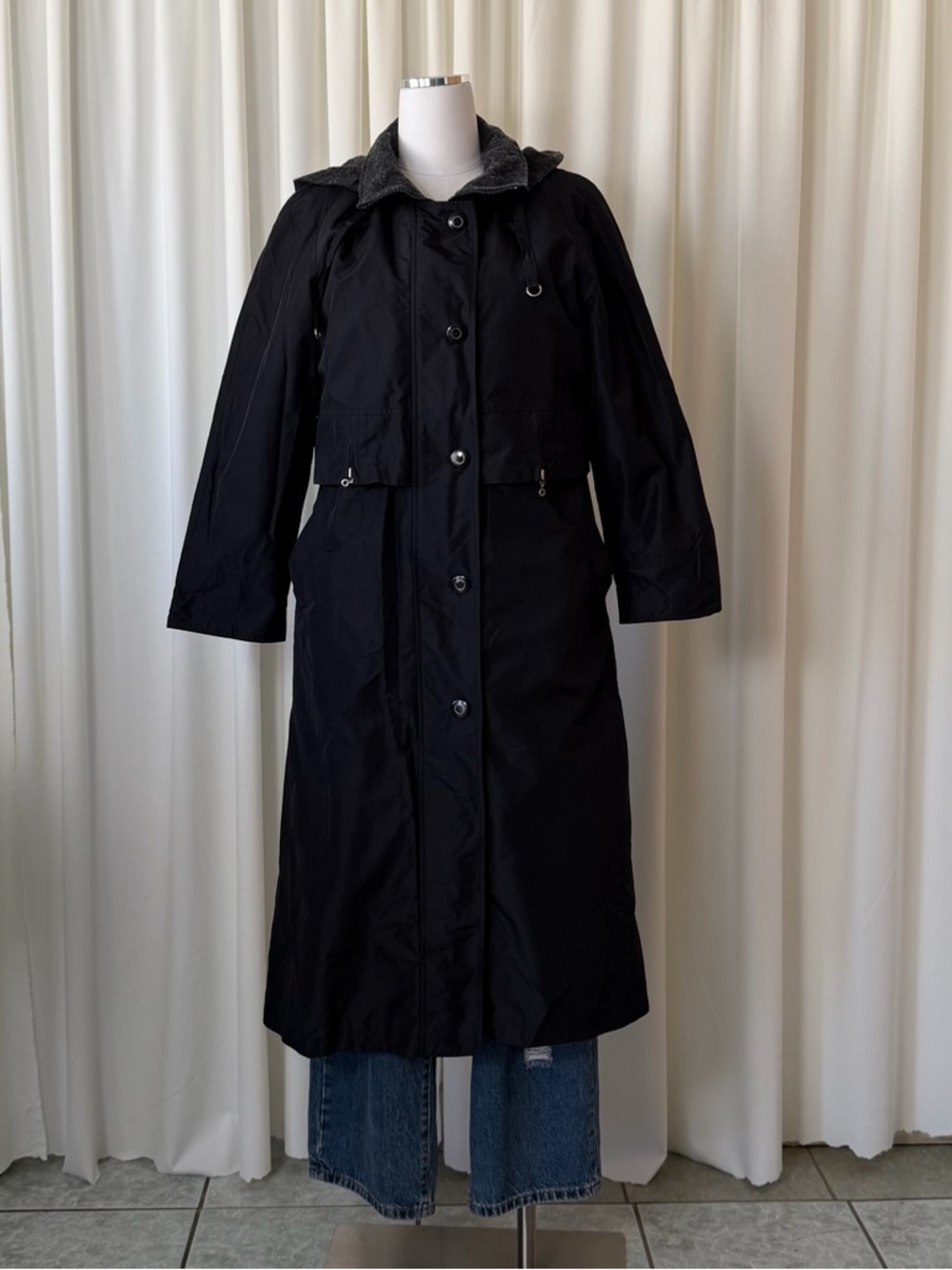 Vintage 1990s Fleet Street Hooded Black Trench Coat Gorpcore size 8Petite. - Picture 2 of 14